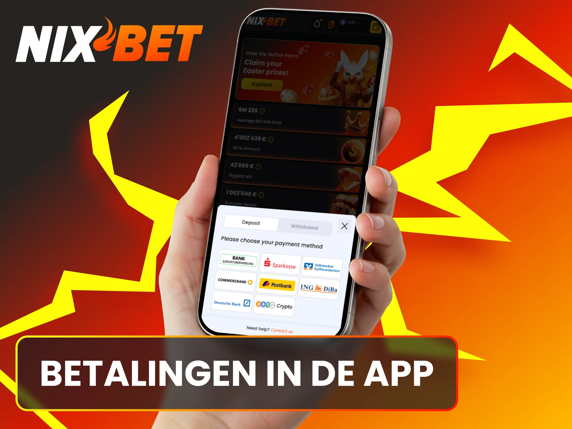 Voer veilige betalingen uit in de Nixbet App met lokale Nederlandse betaalmethoden.