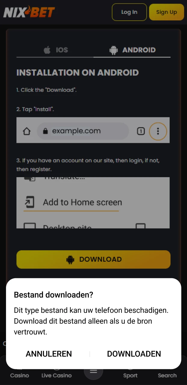 Bevestig de download van de Nixbet APK op Android in het venster.