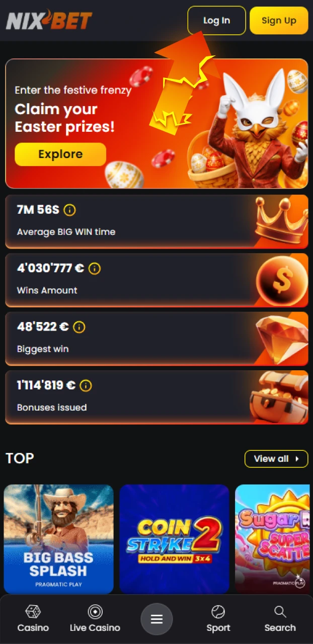 Open de Nixbet app en tik op de knop om te beginnen met inloggen.