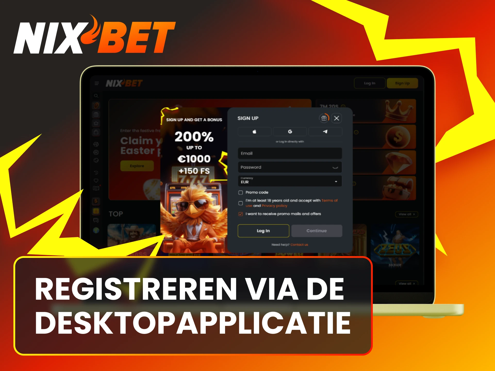 Maak een account aan via de Nixbet PC desktopapplicatie om te spelen.