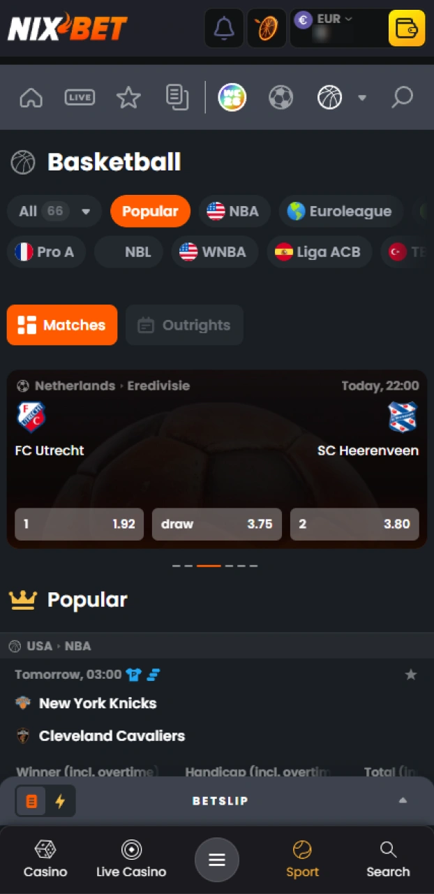 Open het handige menu van de Nixbet app en selecteer de sectie basketbal.