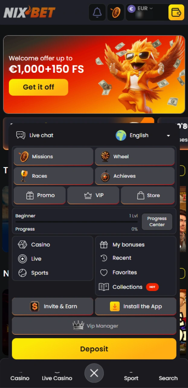 Begin met spelen zodra de actieve Nixbet bonus op je profiel staat.
