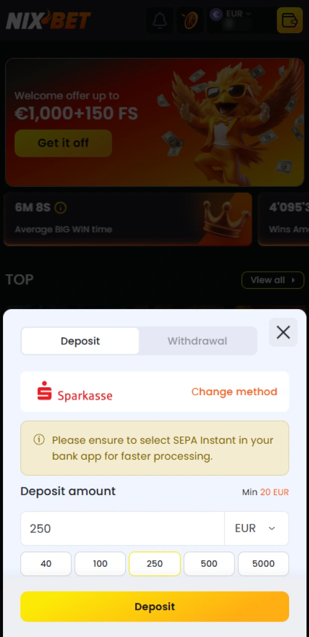 Vul de geldige promotiecode in tijdens het opwaarderen van je Nixbet bonus account.