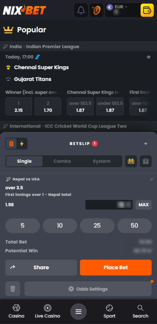 Bevestig je inzet op het digitale wedstrijdformulier en win met cricket wedden bij Nixbet.