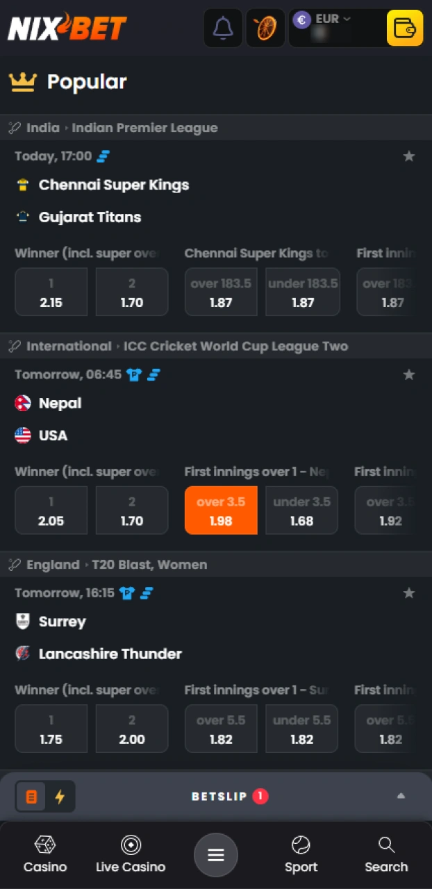Selecteer een spannende cricket competitie en vind de beste wedstrijd binnen het Nixbet aanbod.