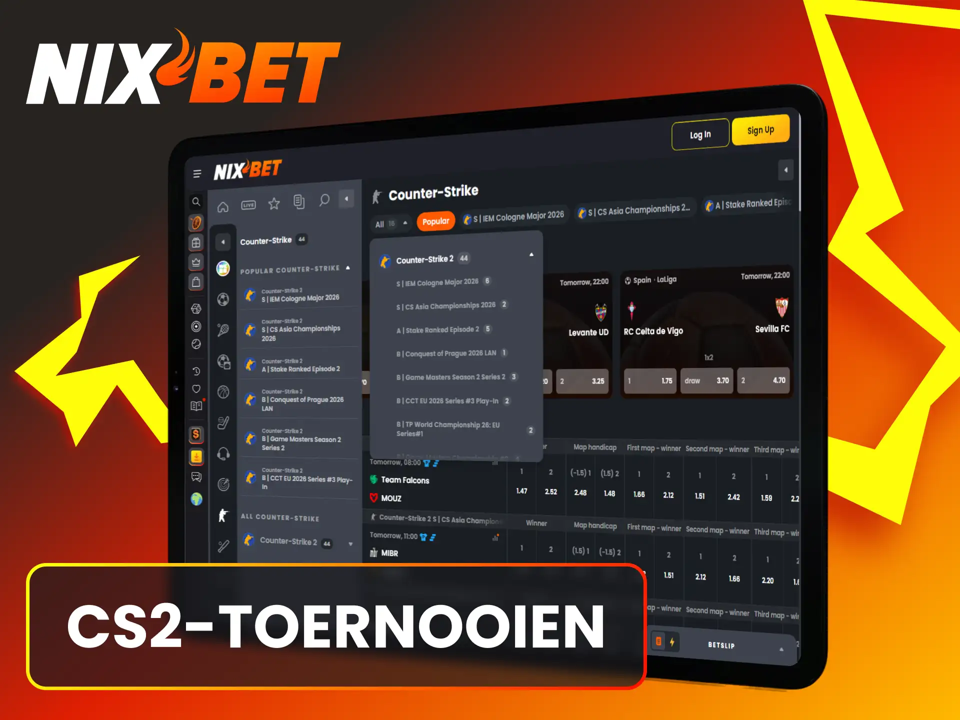 Selecteer de belangrijkste internationale evenementen en competities in de actuele CS2 lijst van Nixbet.