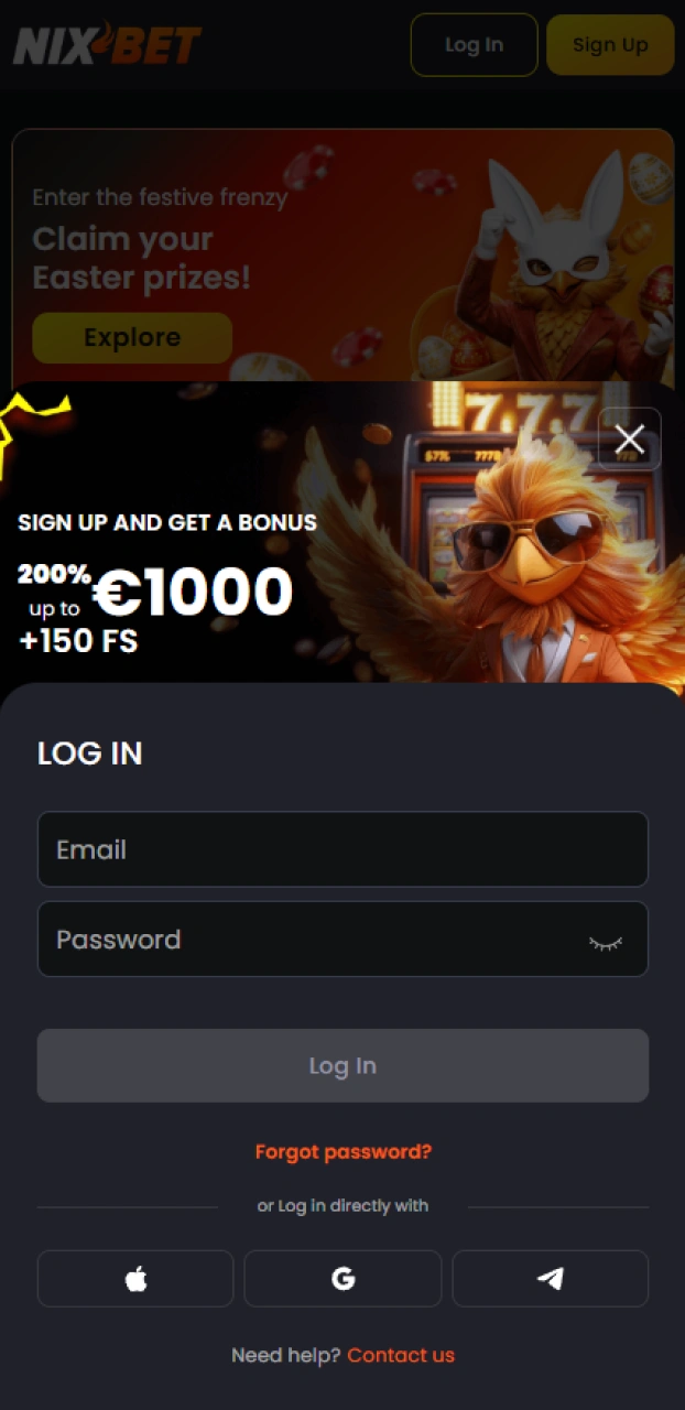 Log in met je persoonlijke gegevens om toegang te krijgen tot CS2 weddenschappen bij Nixbet.