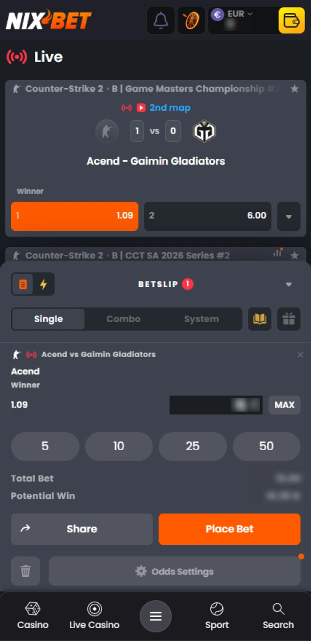Vul je inzet in en plaats je gekozen Esports voorspelling bij Nixbet.