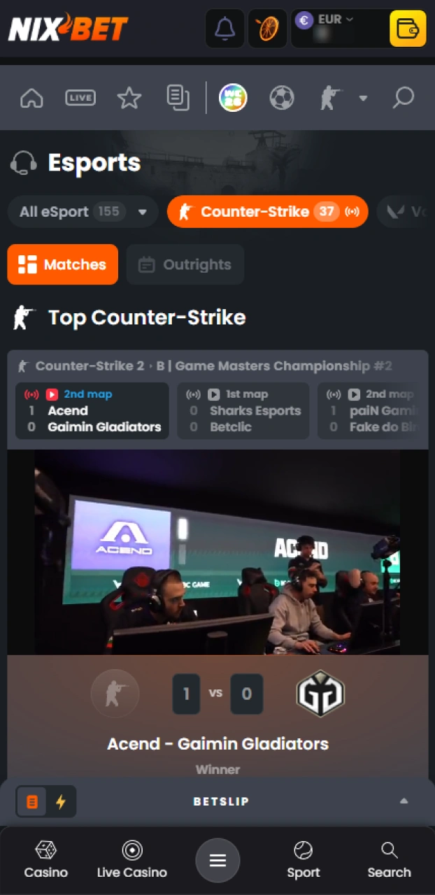 Open de sportsectie en selecteer de actuele Nixbet Esports toernooien.