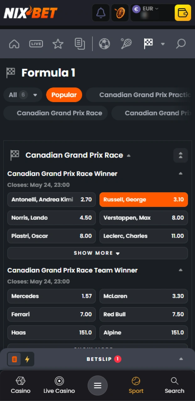 Selecteer je favoriete race en kies de beste markt voor Nixbet Formule 1.