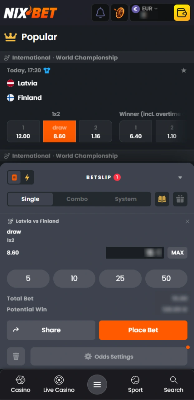 Bevestig de geselecteerde ijshockey voorspelling op het digitale wedstrijdformulier van Nixbet.