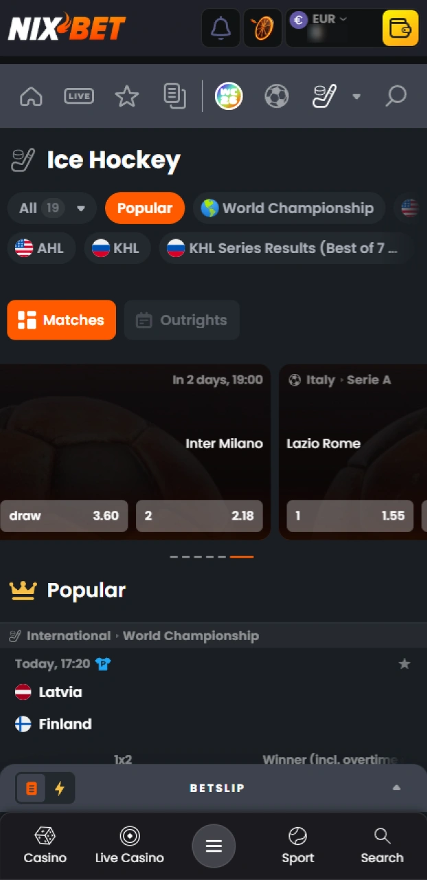 Open het sportmenu en selecteer de actuele ijshockey wedstrijden van Nixbet.
