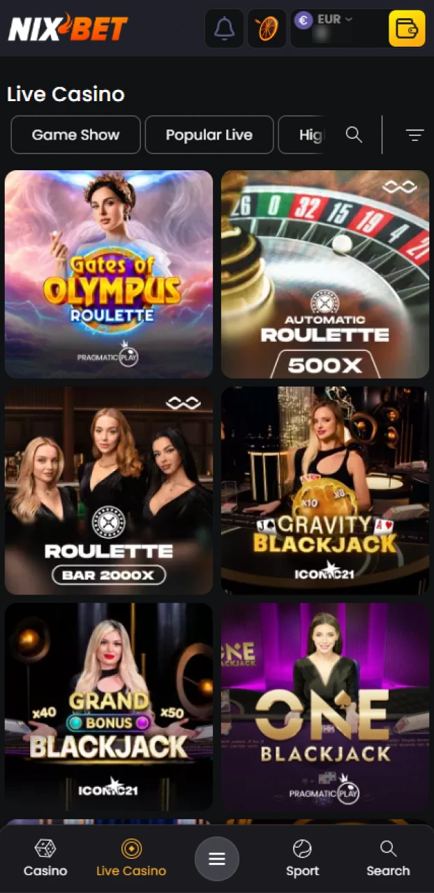 Open de real-time lobby en neem plaats aan een interactieve tafel in het live casino van Nixbet.