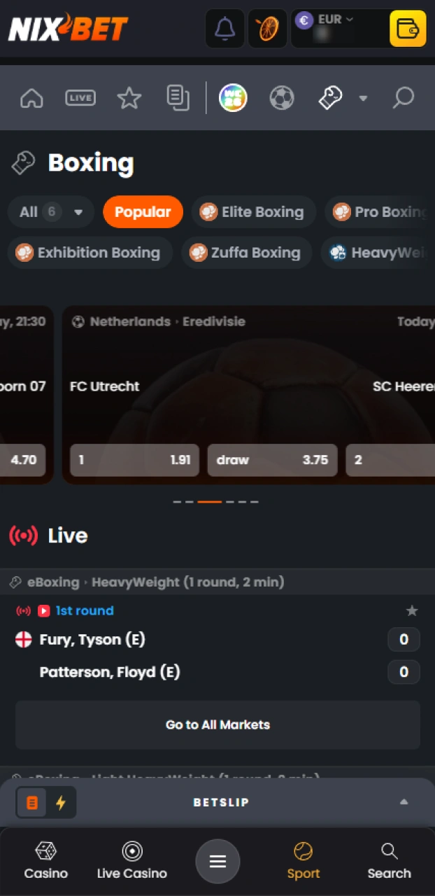 Open de sportlijst en selecteer de MMA categorie van Nixbet.