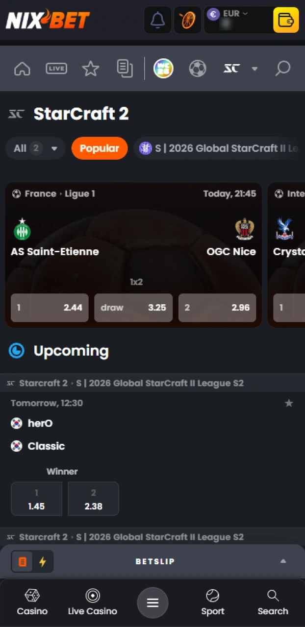 Open de esports sectie van Nixbet en ontdek het StarCraft II aanbod.