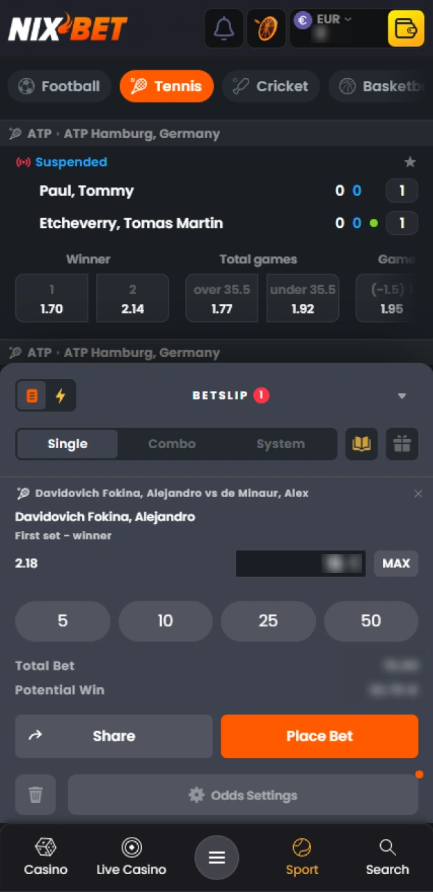 Vul je online wedbriefje in en plaats je gewenste Nixbet tennis weddenschap.