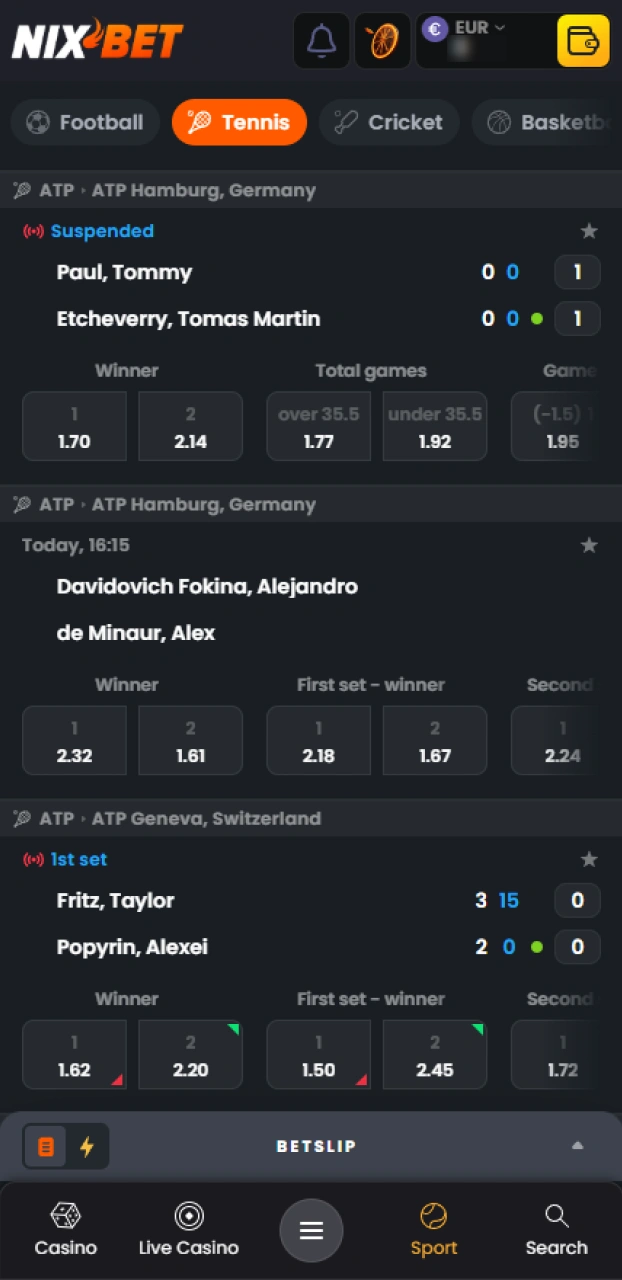 Open het actuele sportoverzicht en bekijk het aanbod voor Nixbet tennis.