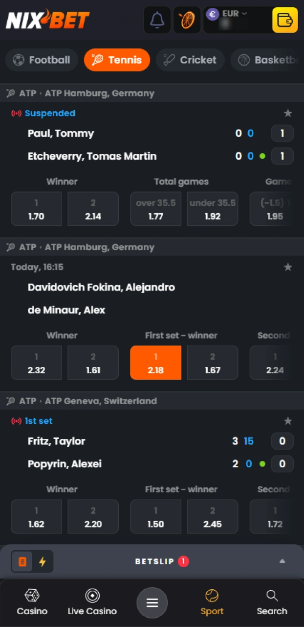 Kies de meest gunstige quotering voor jouw favoriete Nixbet tennis match.