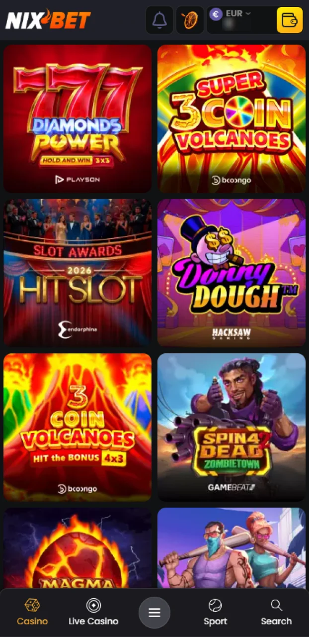 Selecteer een spannend spel uit de uitgebreide Nixbet casino bibliotheek.