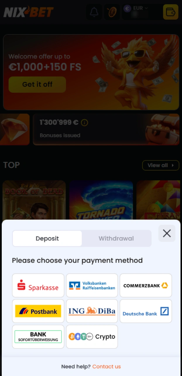 Doe een storting op je saldo om met echt geld in het Nixbet casino te spelen.