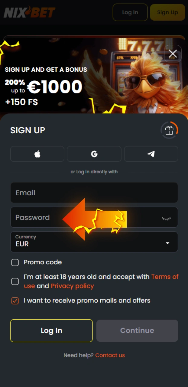 Kies een gebruikersnaam en sterk wachtwoord voor je nieuwe Nixbet account.