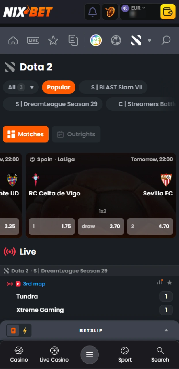 Open de eSports-lijst en kies het actuele aanbod binnen de Dota 2 sectie van Nixbet.